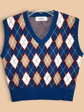 CIDER Blue Argyle Knit Sweater Vest V-Neck Crop Size Large